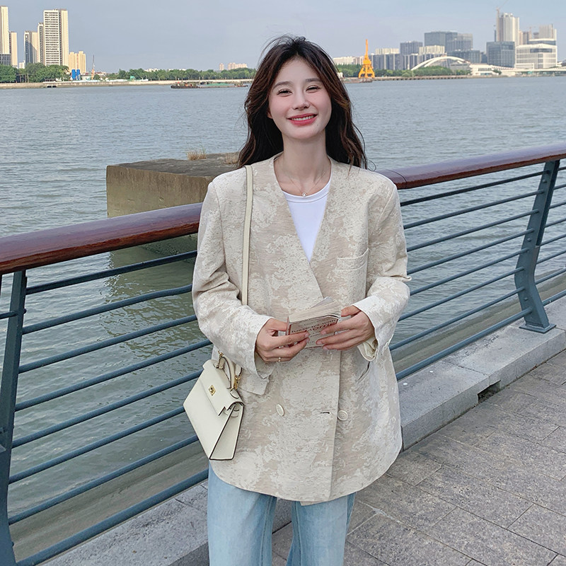 提花设计感V领西装外套女春秋新中式风早秋西服小个子气质,女装西装,2C117