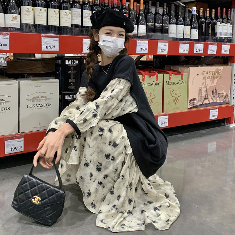 长袖T恤连衣裙女春秋2025年新款设计感小众碎花拼接假两件卫衣裙,女装连衣裙,2D043