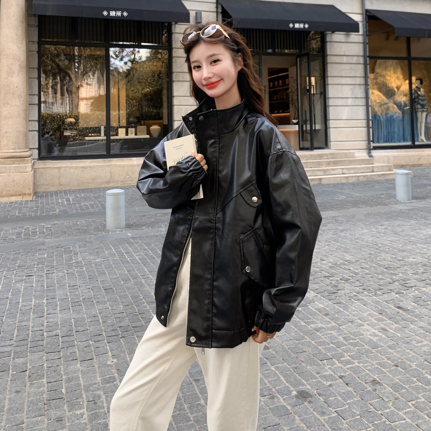 黑色复古机车服皮衣外套女2025秋季新款宽松休闲百搭夹克上衣潮,女装皮衣,2C325