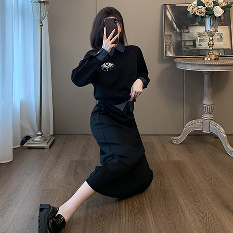 今年流行黑色假两件套休闲运动套装女秋冬款时尚卫衣半身裙两件套,女装套装/套裙,2C310