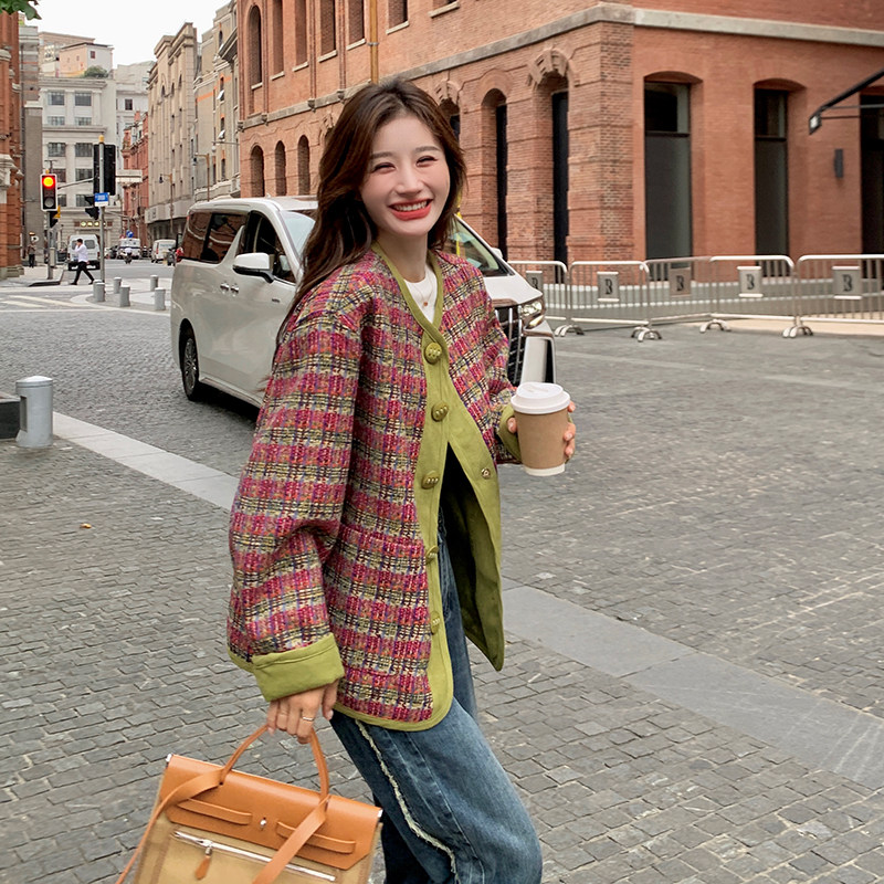 chic高级感格子小个子短款上衣气质宽松休闲春秋名媛小香风外套女,女装短外套,2C029