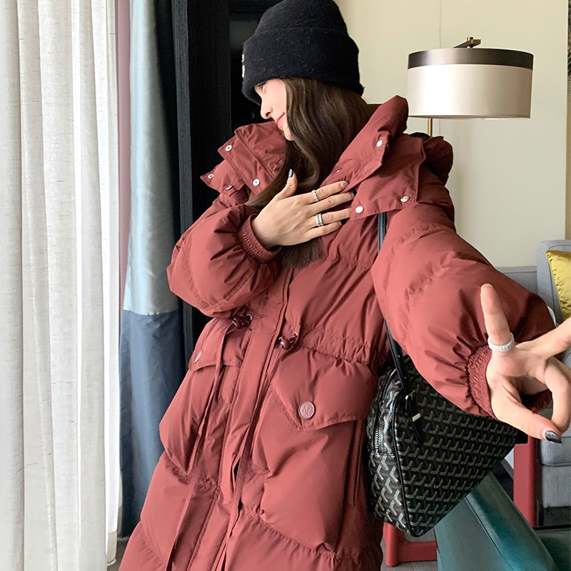 高级感超好看安可拉红色中长款羽绒服女冬2024新款本命年收腰外套图片