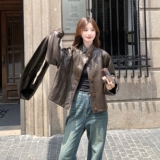 甜酷风复古咖色短款皮衣外套女春秋2025新款小个子PU夹克超火显瘦，女装皮衣，2C135