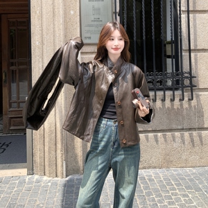甜酷风复古咖色短款皮衣外套女春秋2025新款小个子PU夹克超火显瘦图片