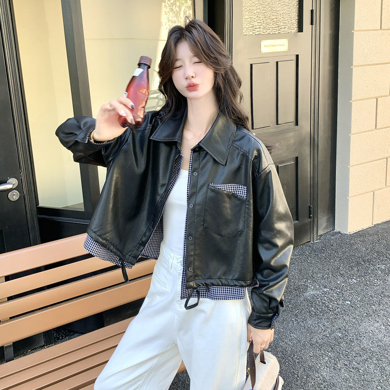 黑色假两件格纹拼接皮衣外套女春秋新款韩系甜酷时髦小个子pu夹克,女装短外套,2C115