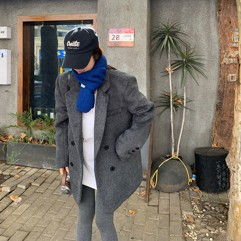 新款，高级感宽松休闲加棉灰色西装毛呢外套2372P185K268，女装西装，2C029