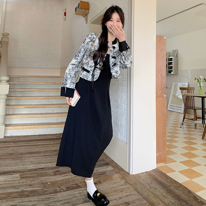 新中式国风盘扣上衣女2025春秋季新款韩版收腰显瘦连衣裙两件套装,女装套装/套裙,2C098
