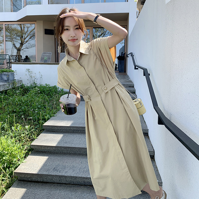 韩版浅黄色衬衫连衣裙女2025夏季新款慵懒风宽松气质显瘦开叉长裙,女装连衣裙,2C166