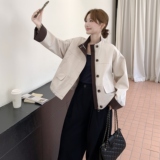 小个子撞色休闲短外套女2025秋季韩系减龄简约大方立领工装上衣潮，女装短外套，2C218