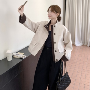 小个子撞色休闲短外套女2025秋季韩系减龄简约大方立领工装上衣潮图片