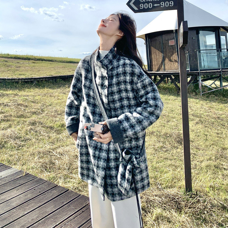 蓝色格子立领宽松羊毛双面羊绒大衣女冬季新款中长款加厚毛呢外套，女装羊绒大衣，2C056