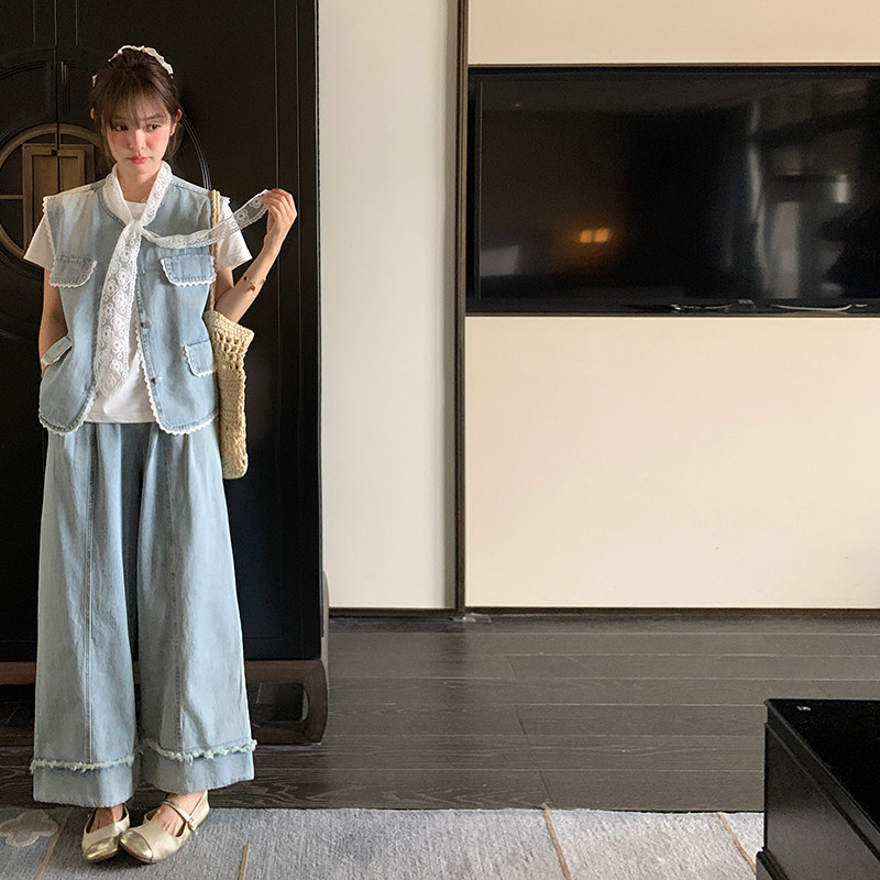 盐甜系穿搭蕾丝飘带牛仔套装女2025春季新款超火马甲阔腿裤两件套,女装套装/套裙,2C177