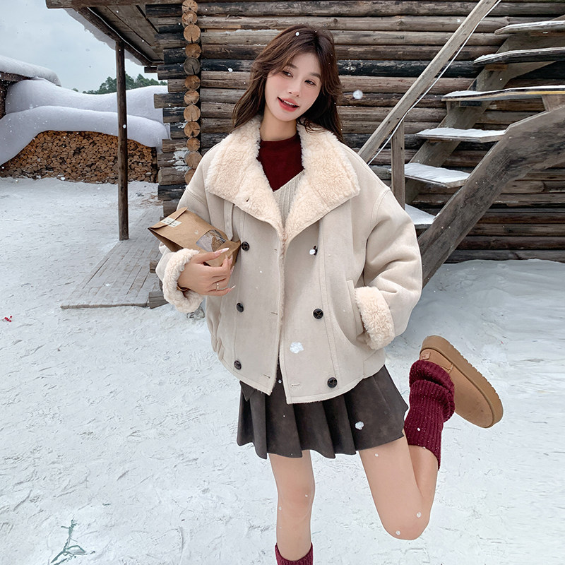 米白色皮毛一体羊羔毛外套女冬季短款夹克加厚棉服6099P225K338,女装棉衣/棉服,2C166
