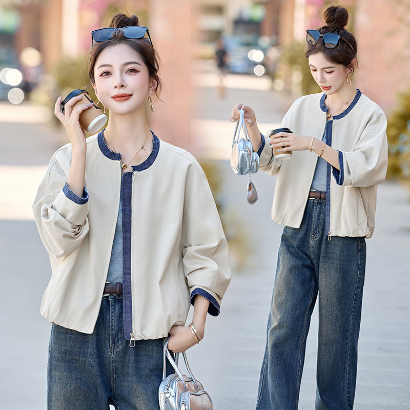 复古牛仔拼接圆领棒球服外套女2025秋季新款宽松休闲短款夹克外套,女装短外套,衣佳和