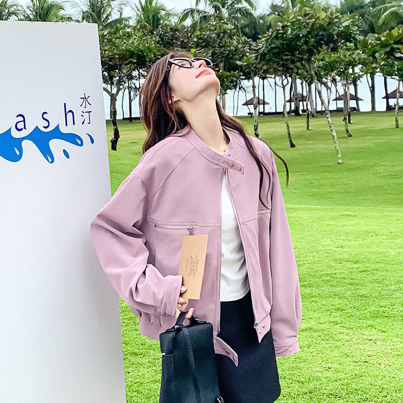 2025新款秋季香芋紫立领短外套女美式复古休闲风百搭工装夹克上衣,女装短外套,2C086