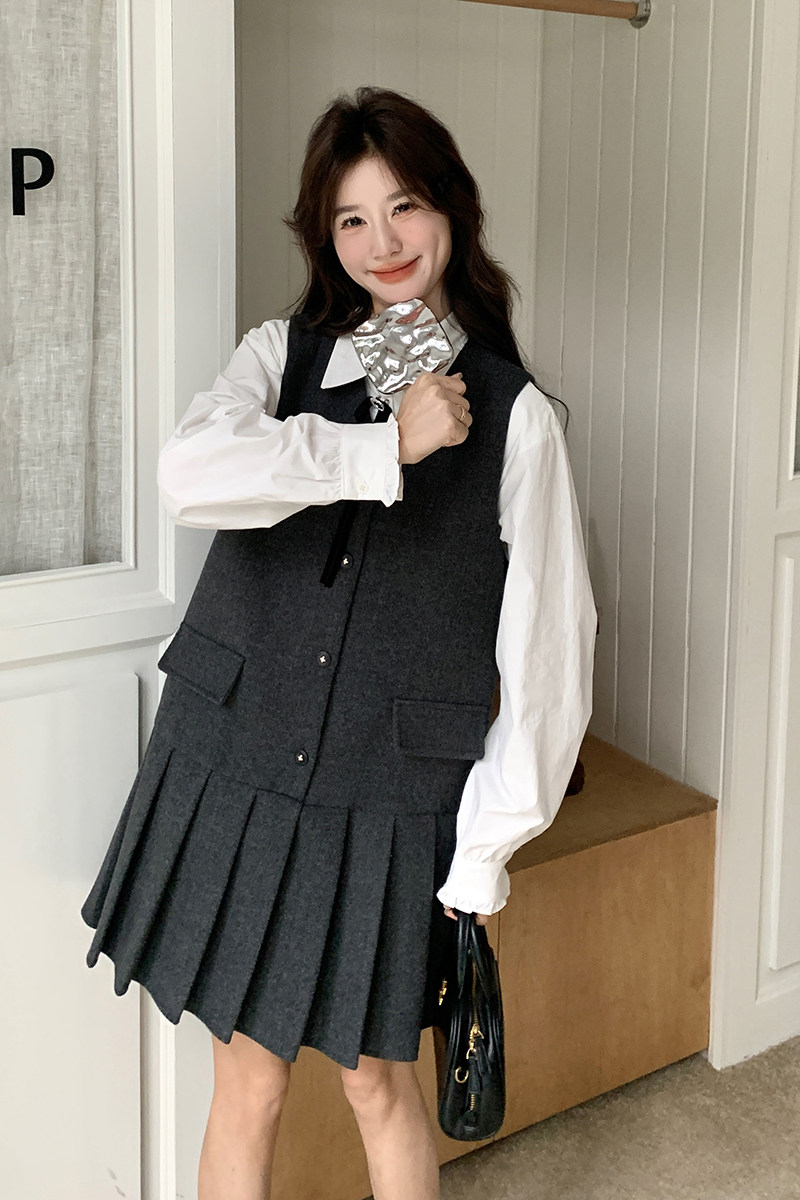 韩系减龄衬衫背心裙套装女春秋连衣裙两件套百褶裙学院风小个子,女装套装/套裙,2C166