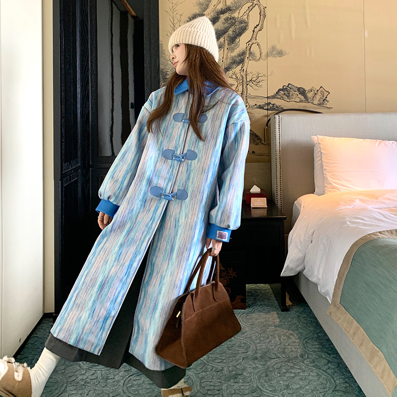 蓝色晕染毛呢外套女中长款2025冬新款韩系今年流行设计感呢子大衣,女装毛呢外套,2C073