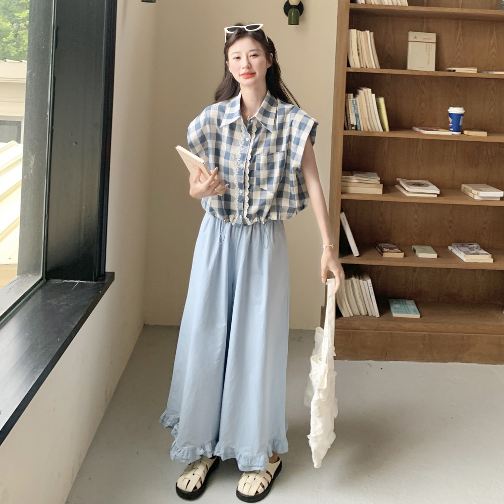 首:夏装新款复古减龄棉麻格子上衣木耳边裙裤两件套8823P155K218,女装套装/套裙,2C135