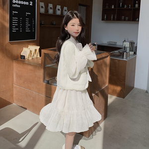 粉色小香风马甲长袖连衣裙套装女2025春秋新款高级感超好看两件套图片
