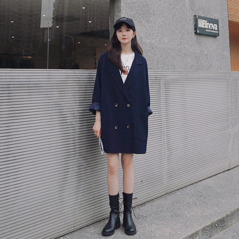 藏青色高级感休闲西装外套女2025春秋新款韩系中长款胖mm洋气西服,女装西装,2C016