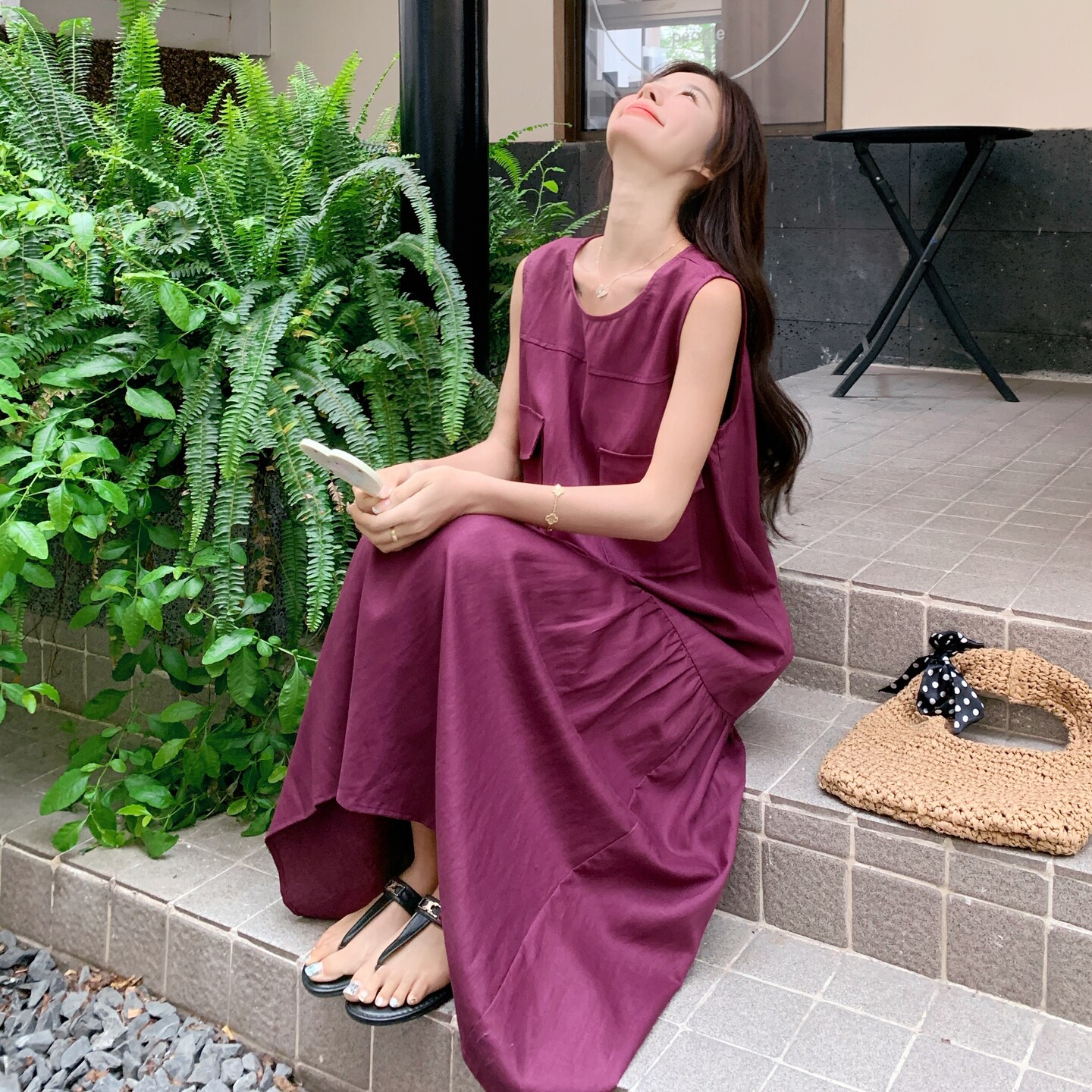 玫瑰紫无袖工装连衣裙女夏2025新款巨好看流行爆款背心鱼尾裙韩系,女装连衣裙,2C327