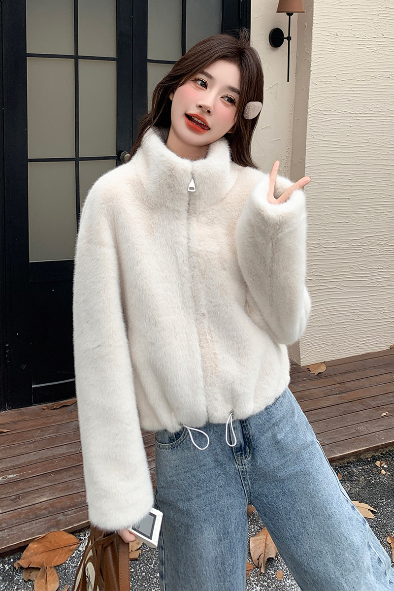高级感韩系立领皮毛一体外套女2024冬季新款宽松加厚保暖开衫上衣,女装短外套,1D066-1