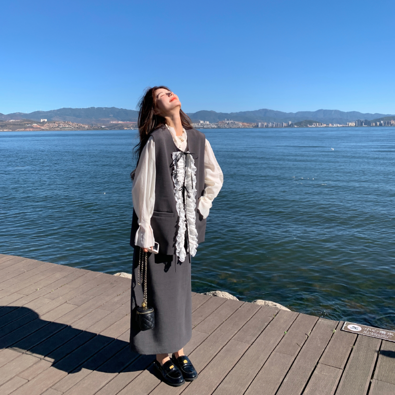花边拼接灰色西装马甲半身裙套装女春秋2025新款两件套高级感ootd,女装套装/套裙,2D146