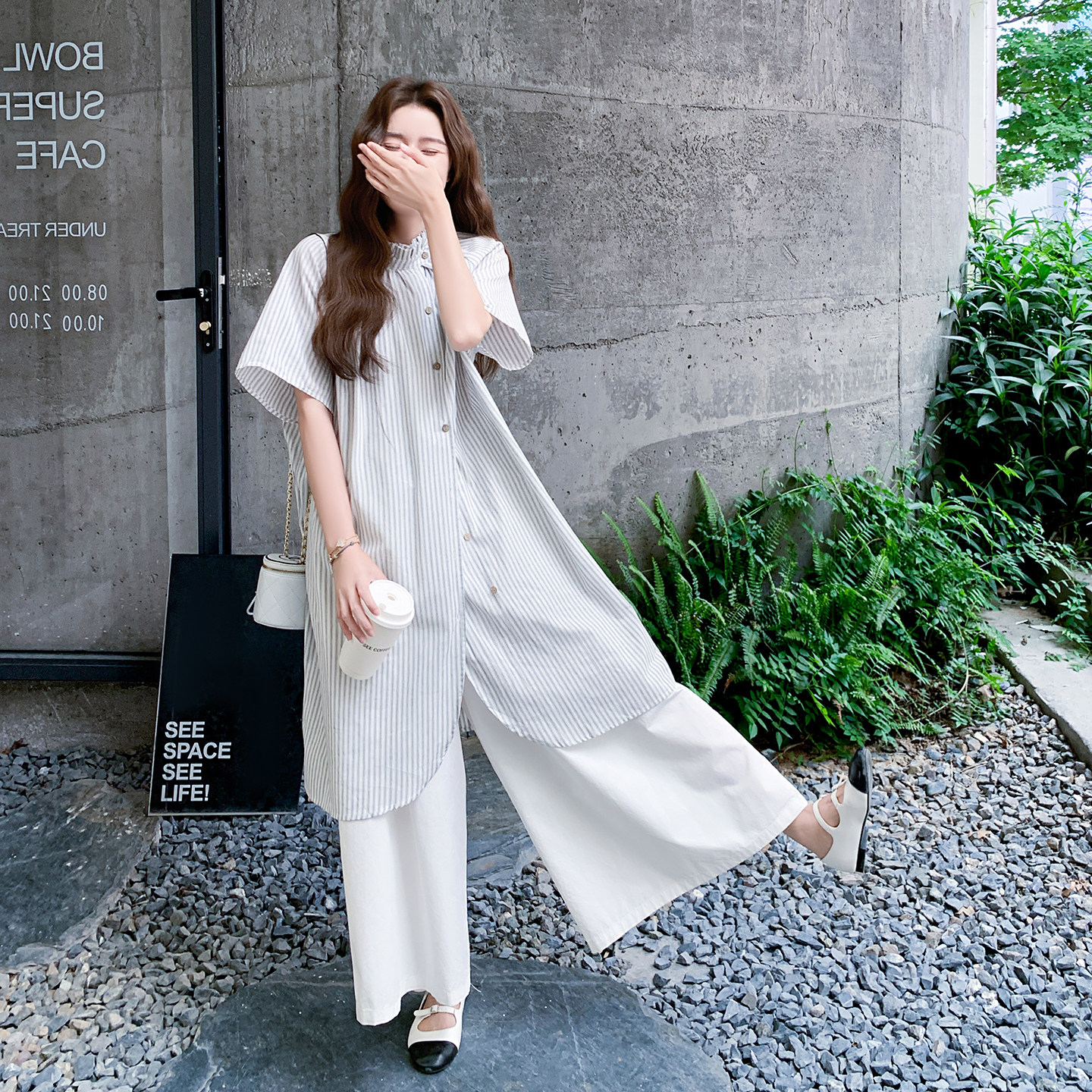 文艺复古衬衫叠穿套装女夏季2025新款宽松休闲时尚阔腿裤两件套装,女装套装/套裙,2D009
