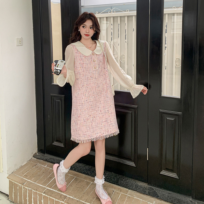 高腰格子纯色娃娃领套头连衣裙辣妈长袖古风欧美风蕾丝春秋气质,女装连衣裙,2C120
