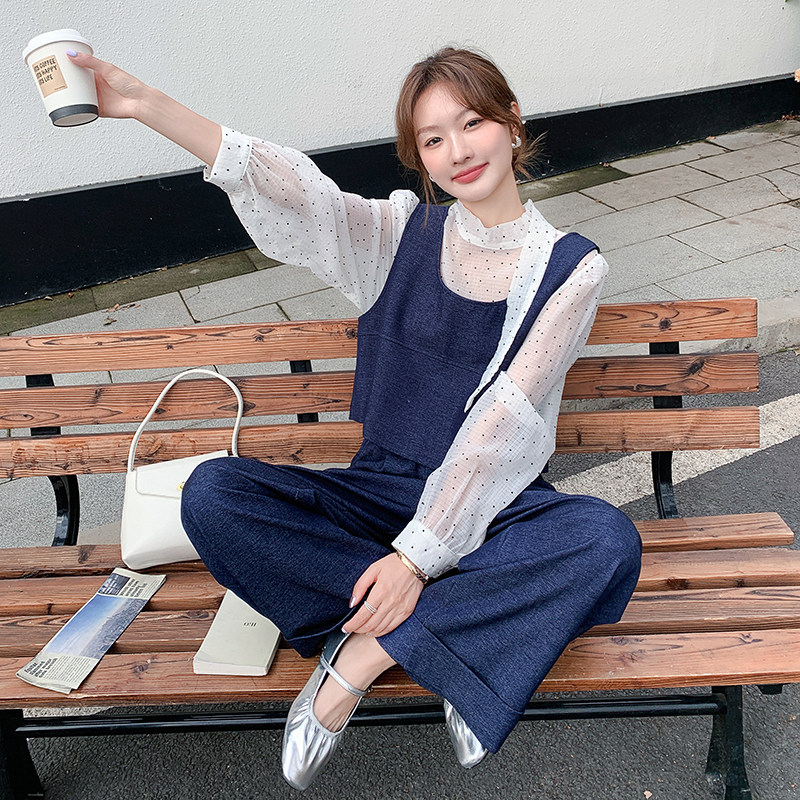 深蓝色休闲时尚套装女2025春季新款气质波点衬衫马甲阔腿裤三件套,女装套装/套裙,2C177