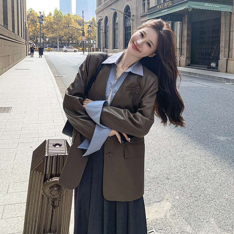 咖色假两件皮衣外套女春秋2025新款美拉德港风pu皮西装夹克,女装皮衣,2C132