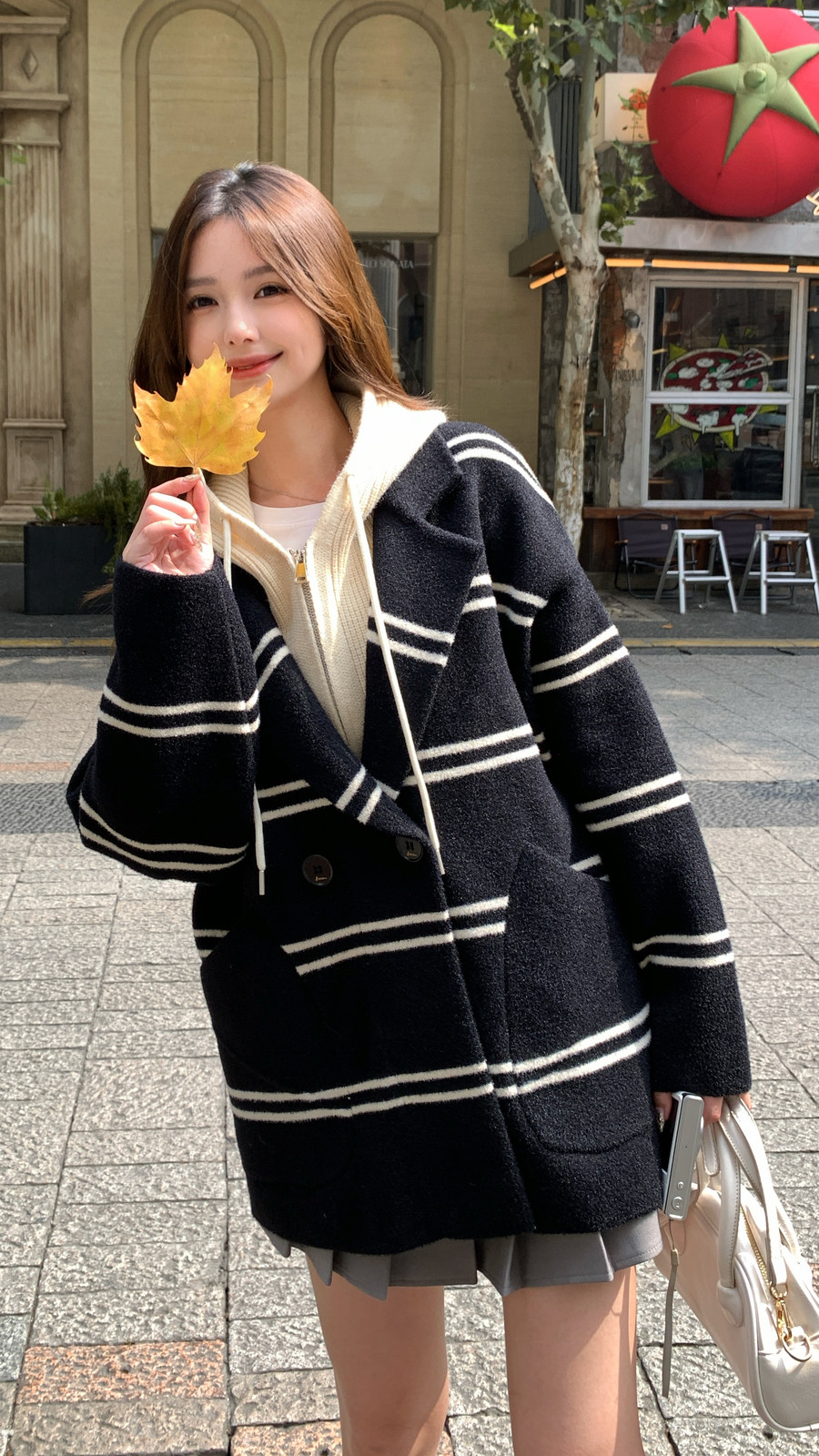 学院风条纹连帽双面呢羊毛短外套女秋冬新款小个子高级感撞色开衫,女装羊绒大衣,2D148