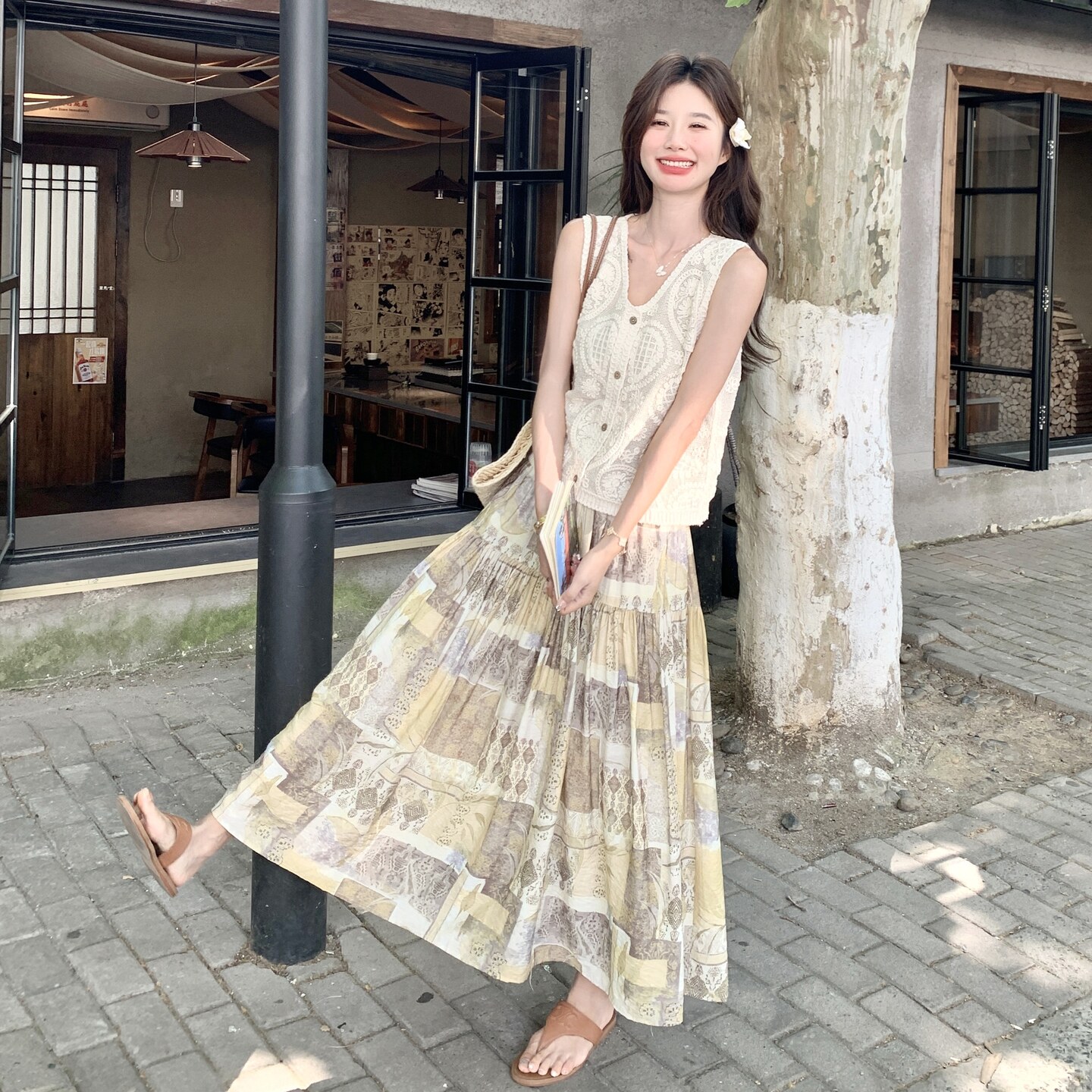 复古印花半身裙背心两件套女2025年夏季新款波西米亚度假风套装裙,女装套装/套裙,2C135