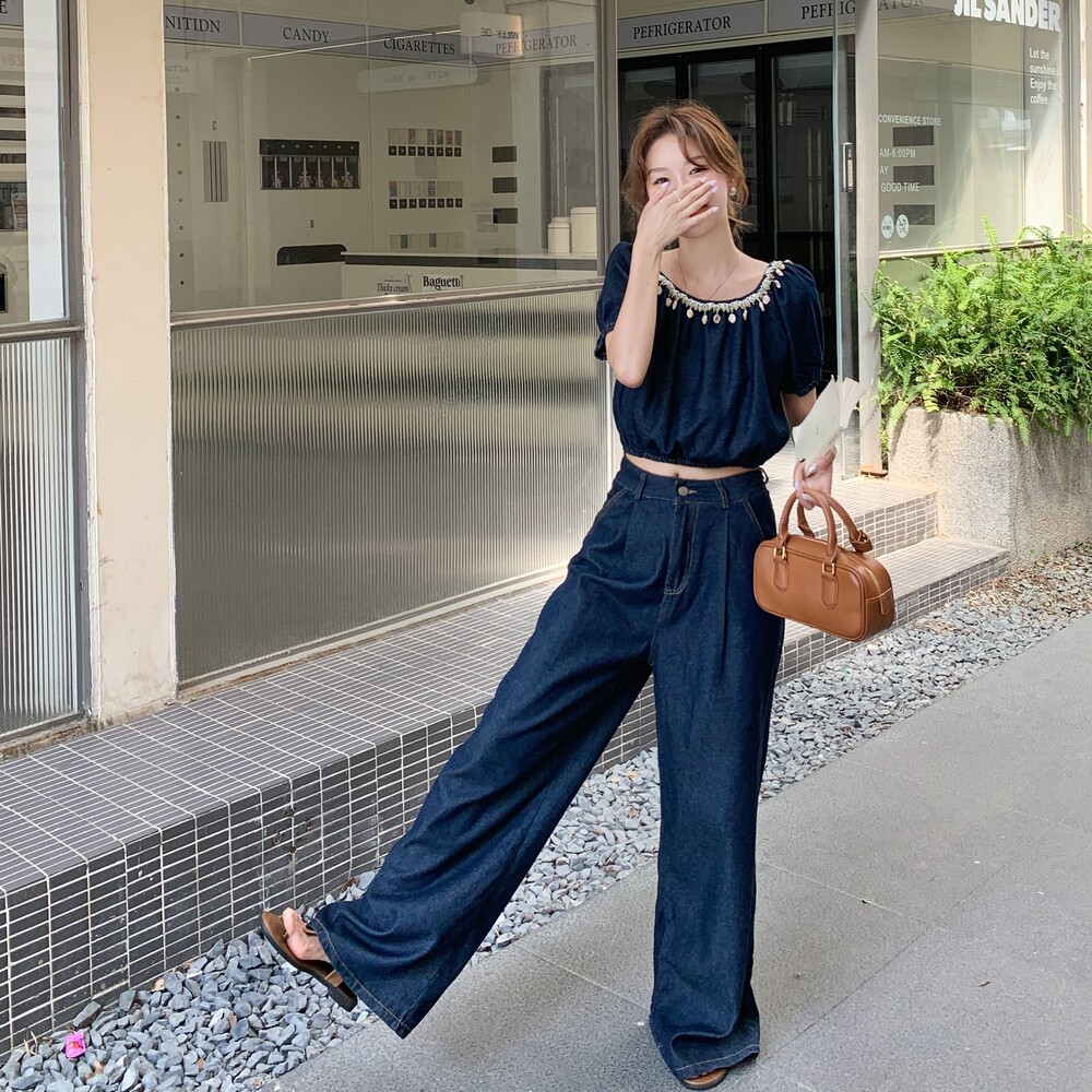 蓝色复古高级感牛仔套装女2025年夏季新款一字肩上衣阔腿裤两件套,女装套装/套裙,2D148