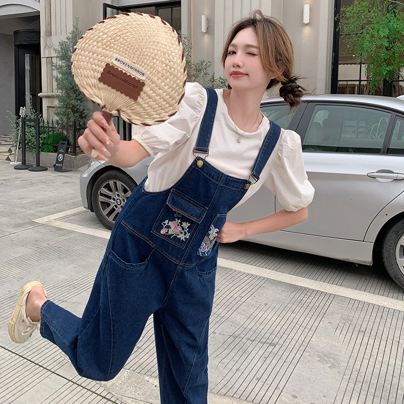 国风刺绣印花牛仔背带裤女2025夏季新款韩版宽松显瘦减龄阔腿长裤图片