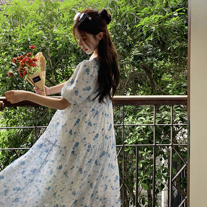 清新风蓝白色小碎花方领连衣裙女夏2025新款乖巧独特漂亮连身长裙,女装连衣裙,2C372