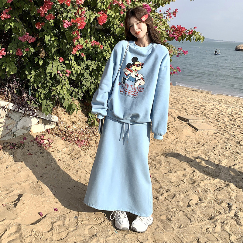 蓝色休闲卫衣运动套装裙女春秋2025新款韩系ootd学院风两件套爆款,女装套装/套裙,2C135