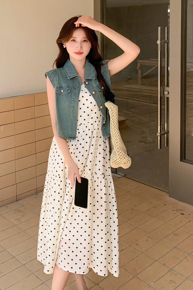 现货牛仔上衣+波点吊带连衣裙两件套2c159-7603-P145-K208,女装套装/套裙,2C159