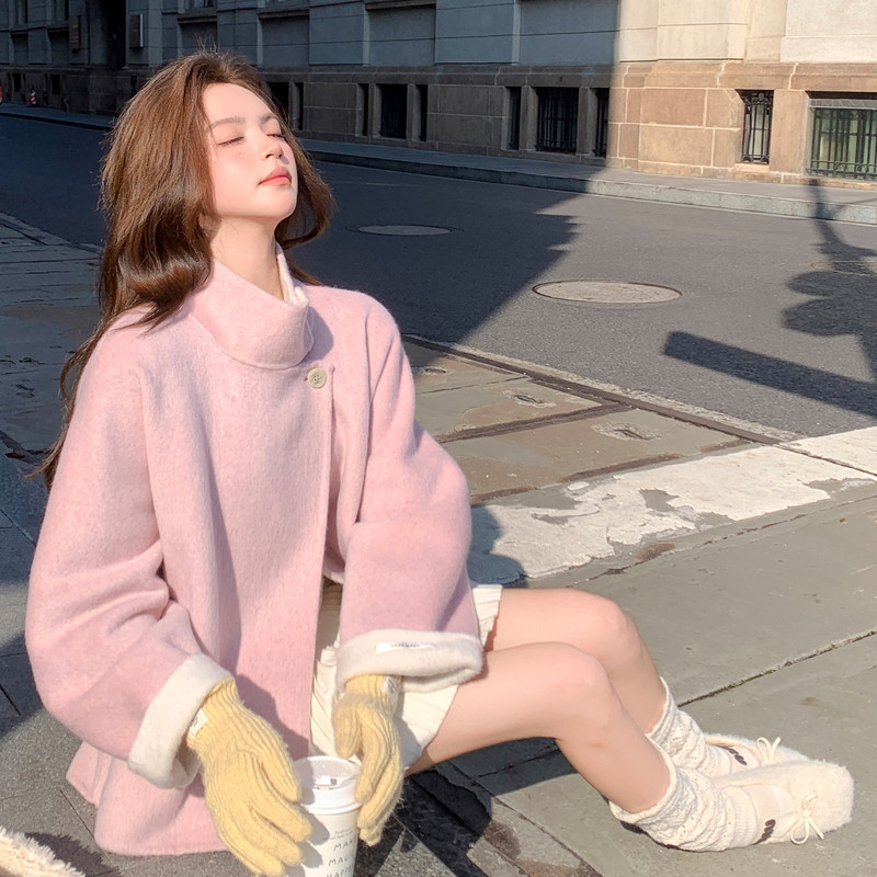 粉色甜美立领双面羊绒大衣女2025秋冬新款韩系简约小个子毛呢外套,女装羊绒大衣,2C115