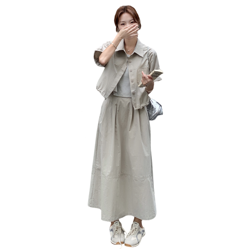 韩系复古休闲套装裙女2025夏季新款简约百搭衬衫高腰半身裙两件套,女装套装/套裙,2C259