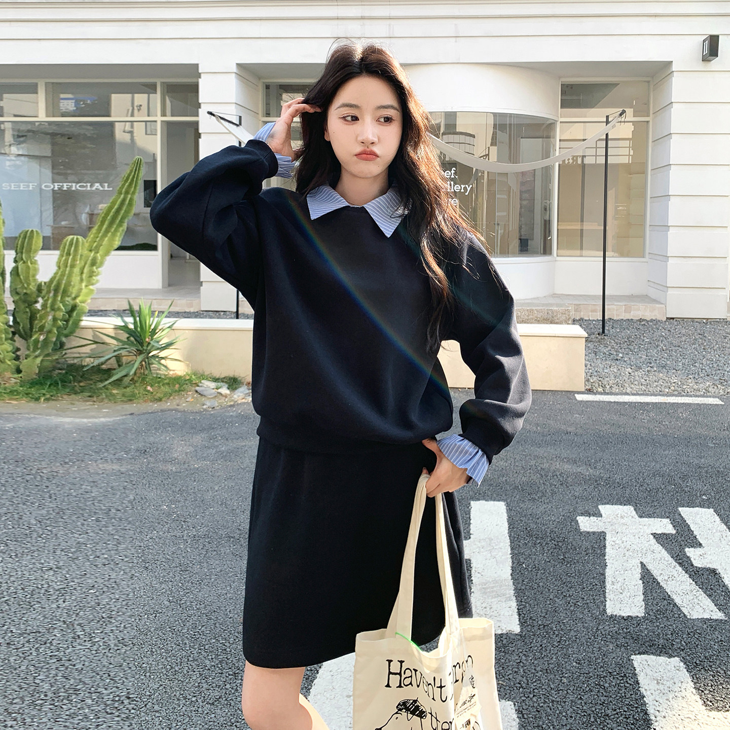 新款拼接POLO领假两件卫衣加绒加厚半身裙两件套女装,女装套装/套裙,2B142