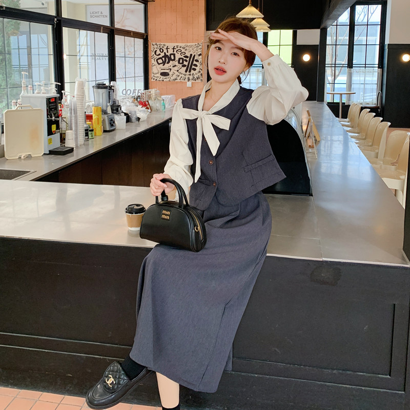 灰色法式温柔风假两件上衣套装裙女2025年春季新款半身长裙两件套,女装套装/套裙,2C092