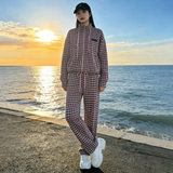 休闲运动套装女春新款粉色千鸟格抽绳立领上衣直筒长裤两件套显瘦，女装套装/套裙，2C310
