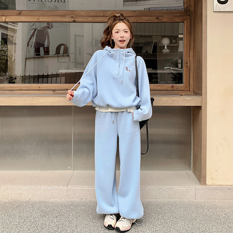超火慵懒风蓝色连帽卫衣套装女春秋2025新款可盐可甜休闲裤两件套,女装套装/套裙,2C203