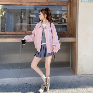 粉色麂皮绒短外套女2025秋季新款字母刺绣小个子甜美减龄夹克上衣图片