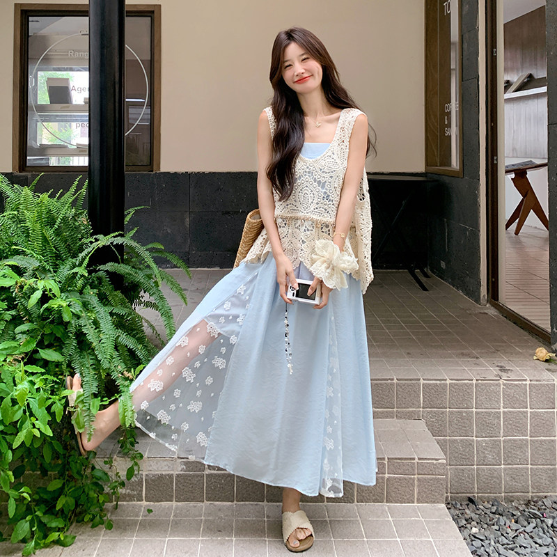 现货2D078-T2053-P155K238拼接设计吊带连衣裙+钩花罩衫两件套,女装套装/套裙,2D078
