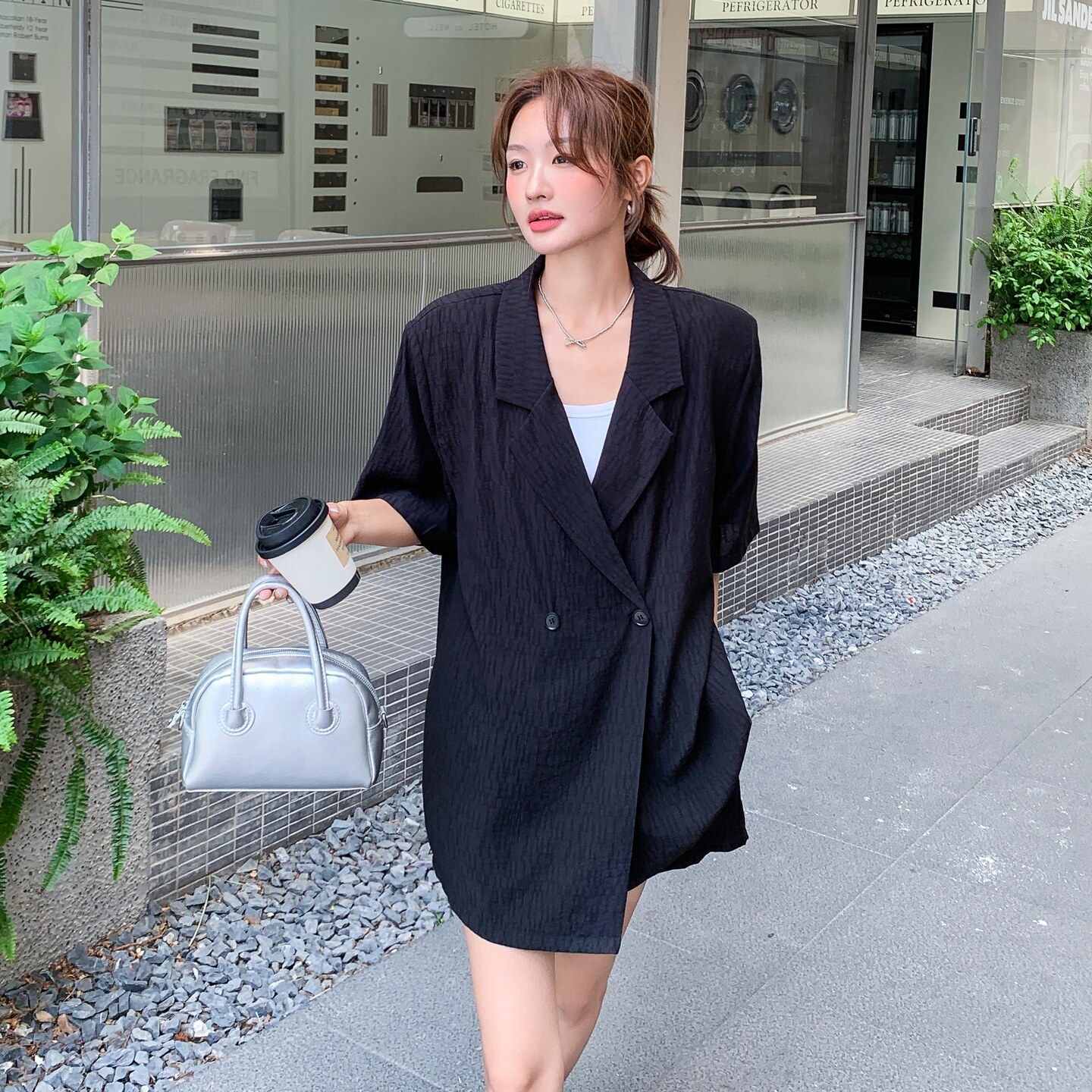 黑色气质轻熟风西装短袖套装女2025夏季新款韩版冷淡系短裤两件套,女装套装/套裙,2C259