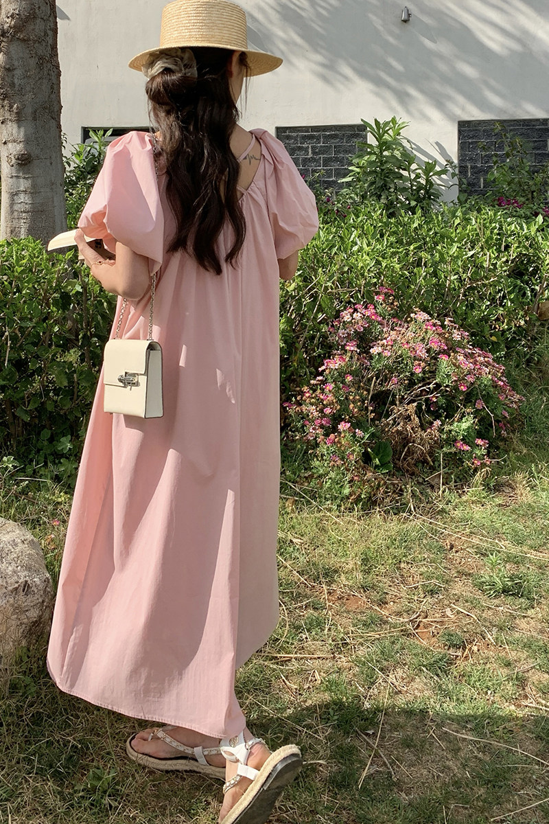 法式复古甜美泡泡袖连衣裙女2025夏季新款韩版宽松显瘦桔梗长裙子,女装连衣裙,2C087
