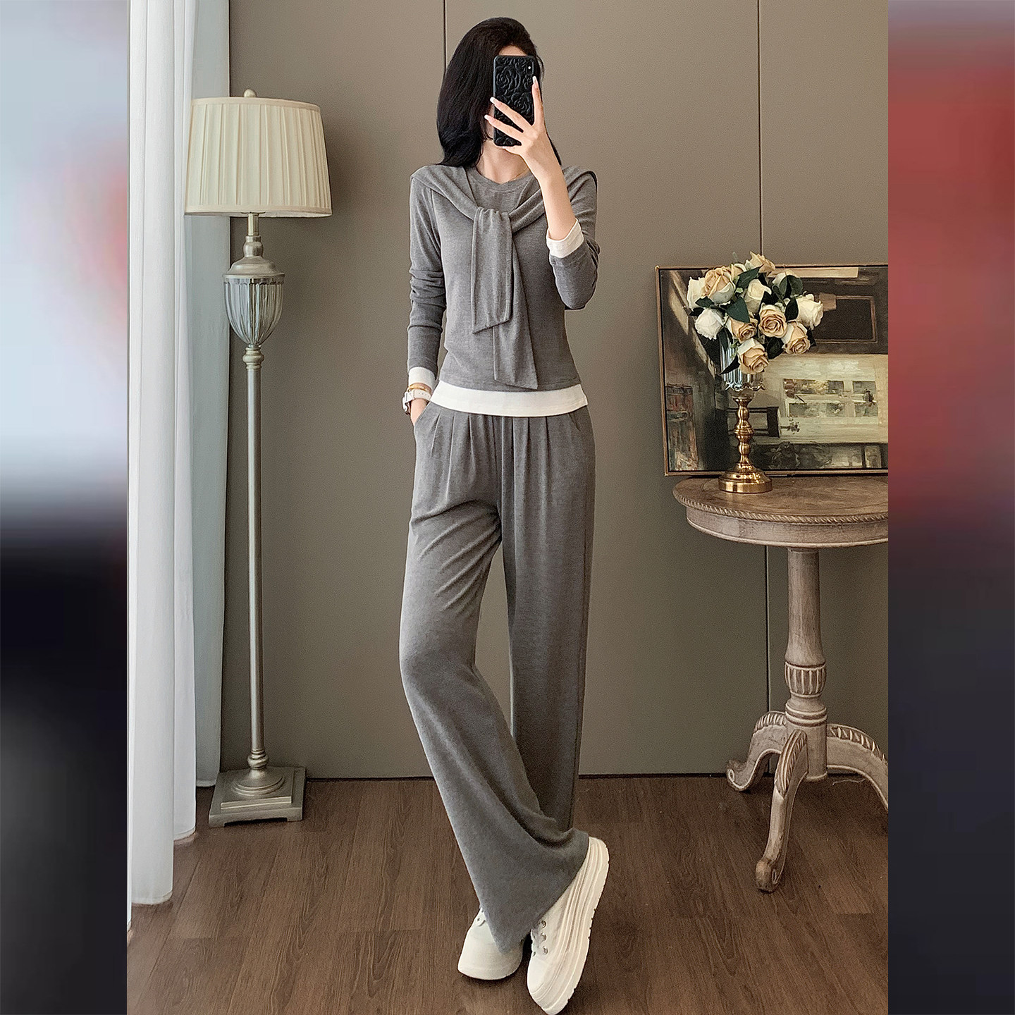 炸街休闲运动套装秋季新款女纯色长袖T恤外搭披肩阔腿长裤三件套,女装套装/套裙,2C310
