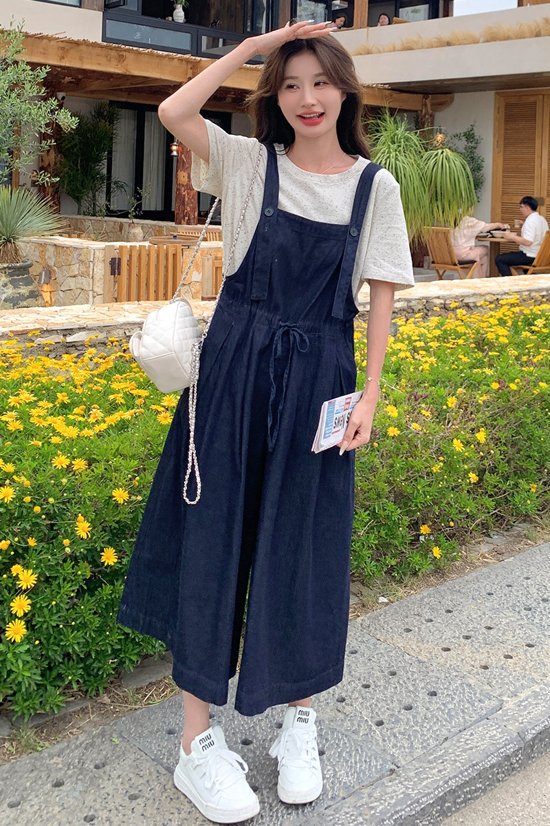 深蓝色小个子工装牛仔背带裤女夏季新款学院风减龄休闲连体阔腿裤,女装休闲裤,2C085